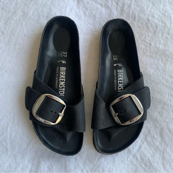 Birkenstock Madrid Big Buckle Oiled Leather Slide Sandals Black Silver - Picture 1 of 7